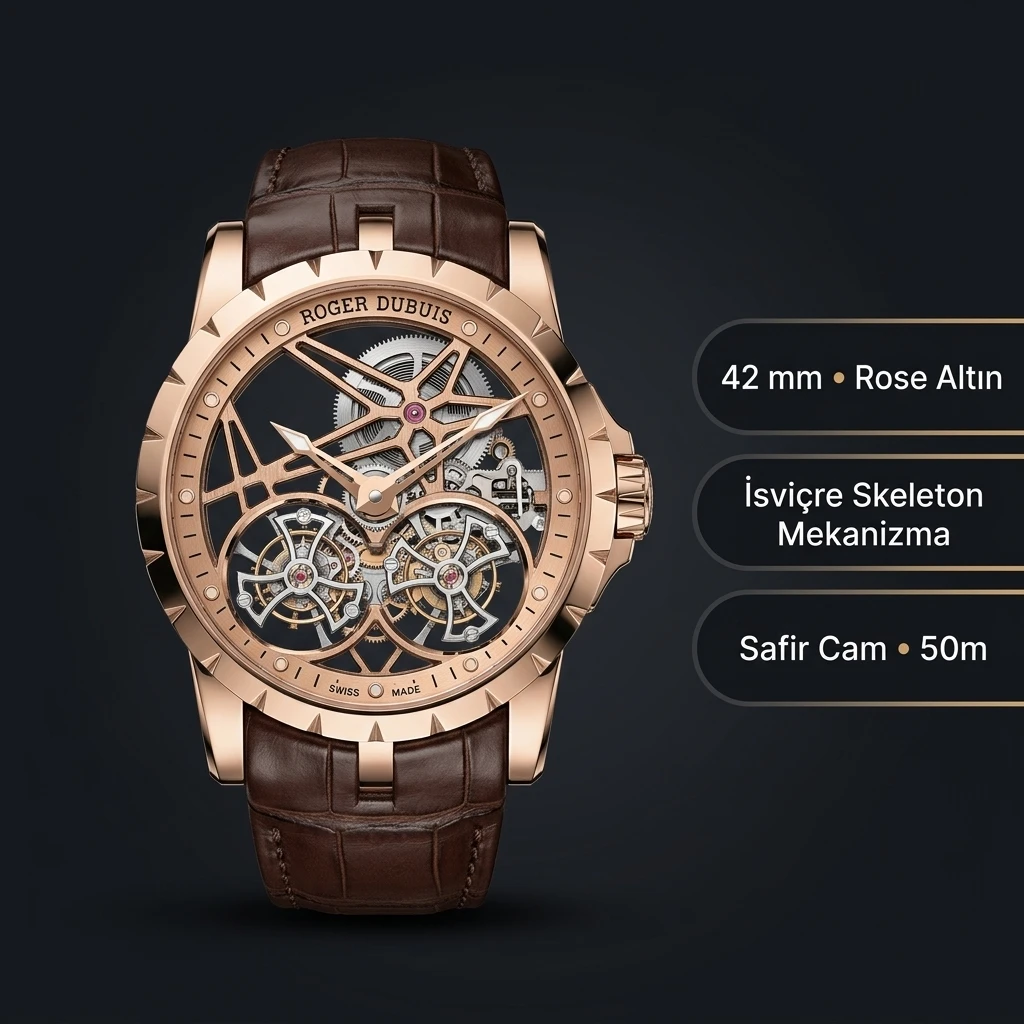Roger Dubuis Excalibur Rose Skeleton Kahve Deri Super Clone ETA Saat