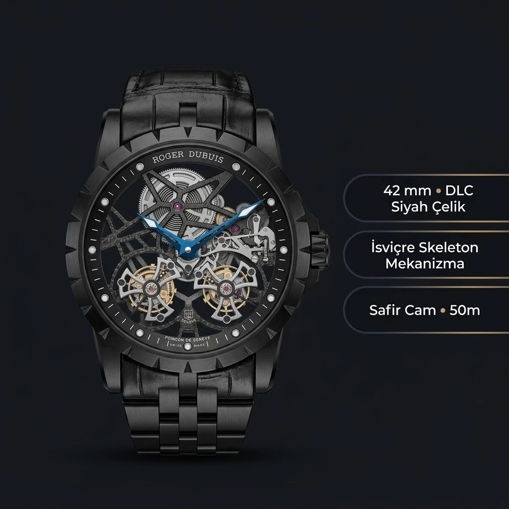 Roger Dubuis Excalibur Siyah Skeleton Çelik Super Clone ETA Saat