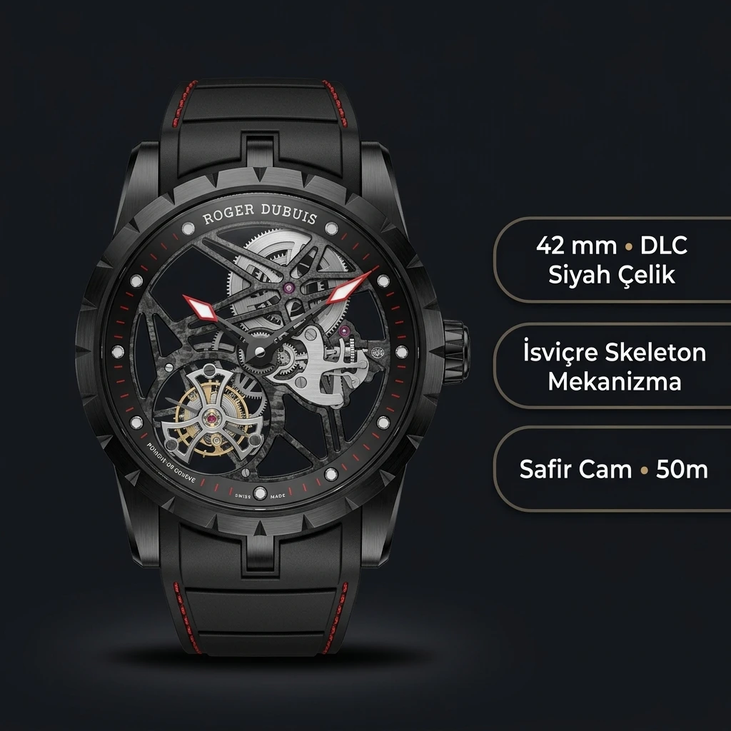 Roger Dubuis Excalibur Siyah Skeleton Kauçuk Kordon Koyu Seri Super Clone ETA Saat