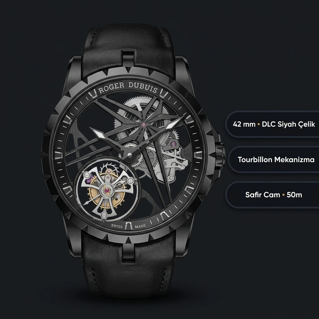 Roger Dubuis Excalibur Siyah Skeleton Tourbillon Deri Super Clone ETA Saat