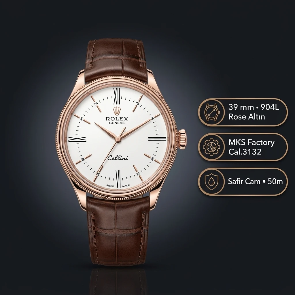 Rolex Cellini Beyaz Kadran Sarı Altın Deri Kordon Super Clone ETA Saat