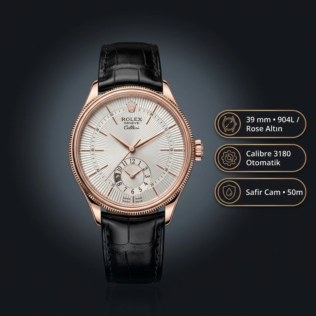 Rolex Cellini Dual Time Everose Deri Kordon Super Clone ETA Saat