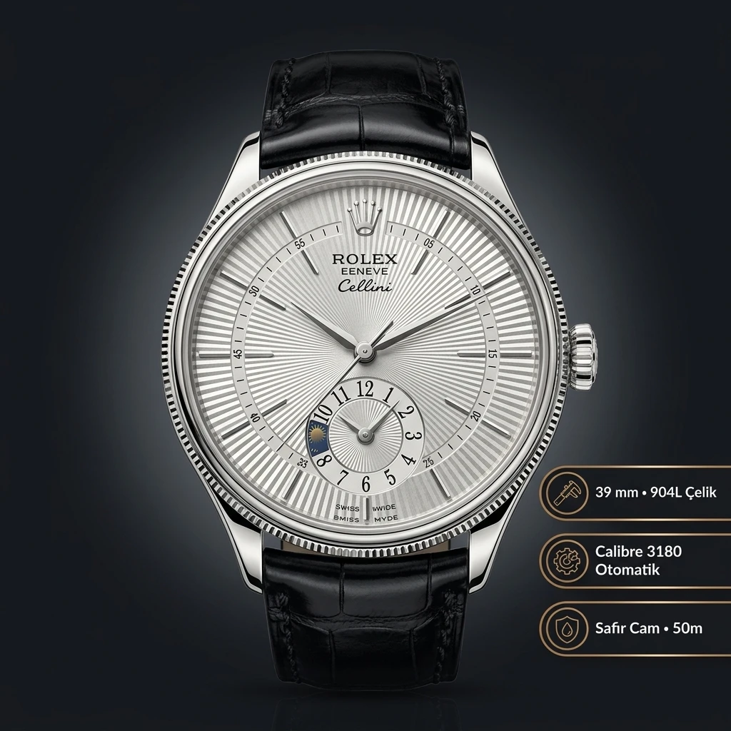 Rolex Cellini Dual Time Gümüş Kadran Deri Kordon Super Clone ETA Saat