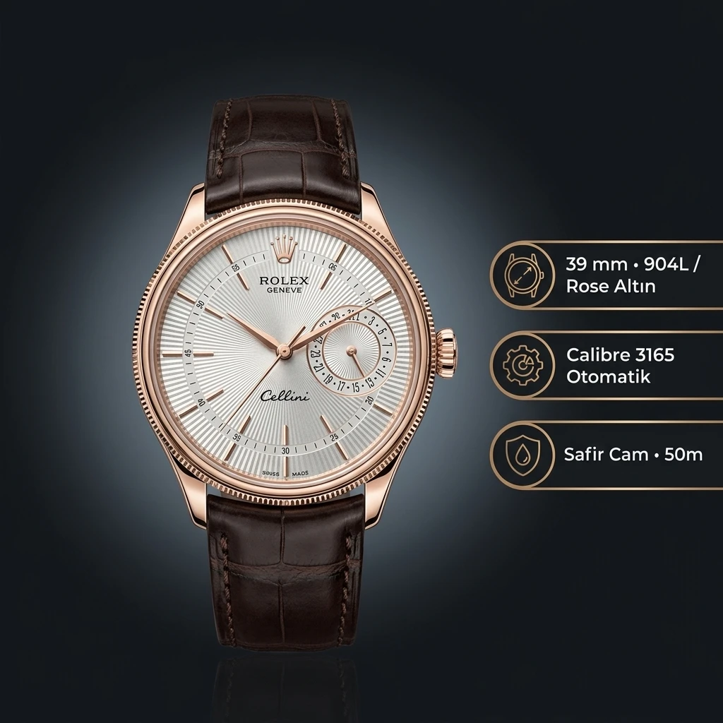 Rolex Cellini Gümüş Kadran Everose Deri Kordon Super Clone ETA Saat