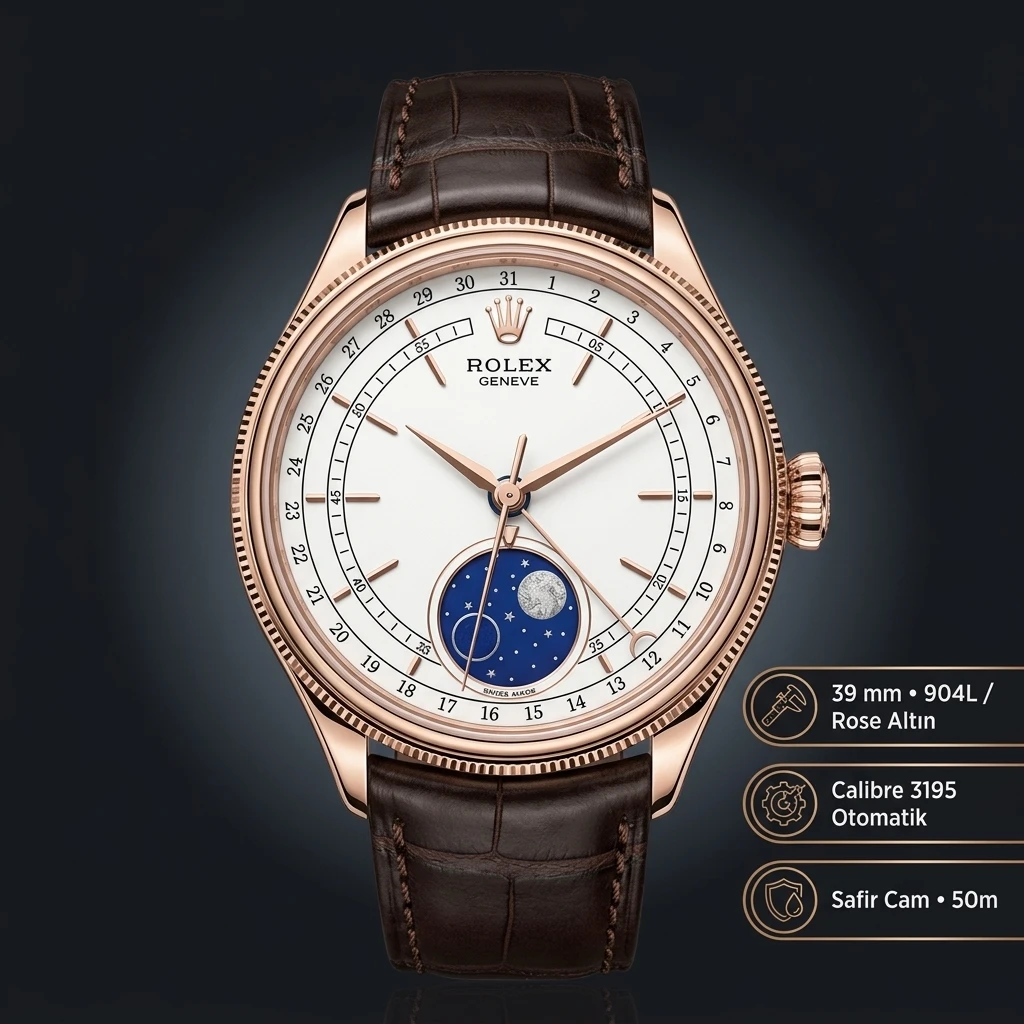 Rolex Cellini Moonphase Beyaz Kadran Sarı Altın Deri Kordon Super Clone ETA Saat