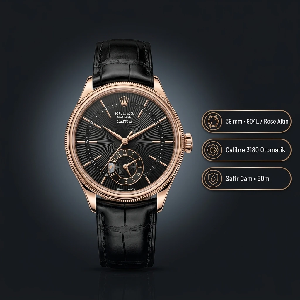 Rolex Cellini Siyah Kadran Sarı Altın Deri Kordon Super Clone ETA Saat
