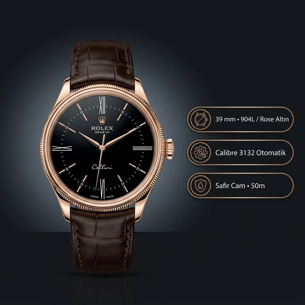 Rolex Cellini Siyah Kadran Sarı Altın Deri Kordon Klasik Super Clone ETA Saat