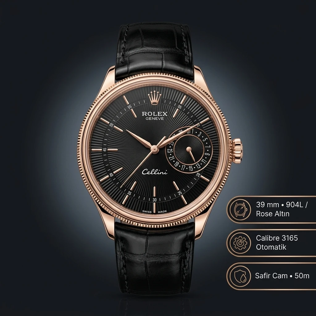 Rolex Cellini Siyah Kadran Tarih Everose Deri Kordon Super Clone ETA Saat