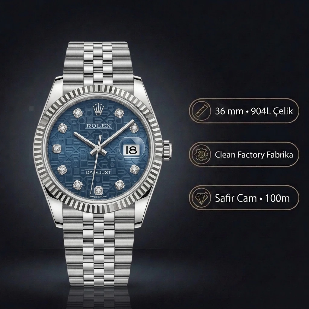 Rolex Datejust 36 mm 126200 Fluted Motif Mavi Kadranlı Jubilee Bilezik Smooth / Domed (Düz) Bezel 3235 Super Clone ETA Saat