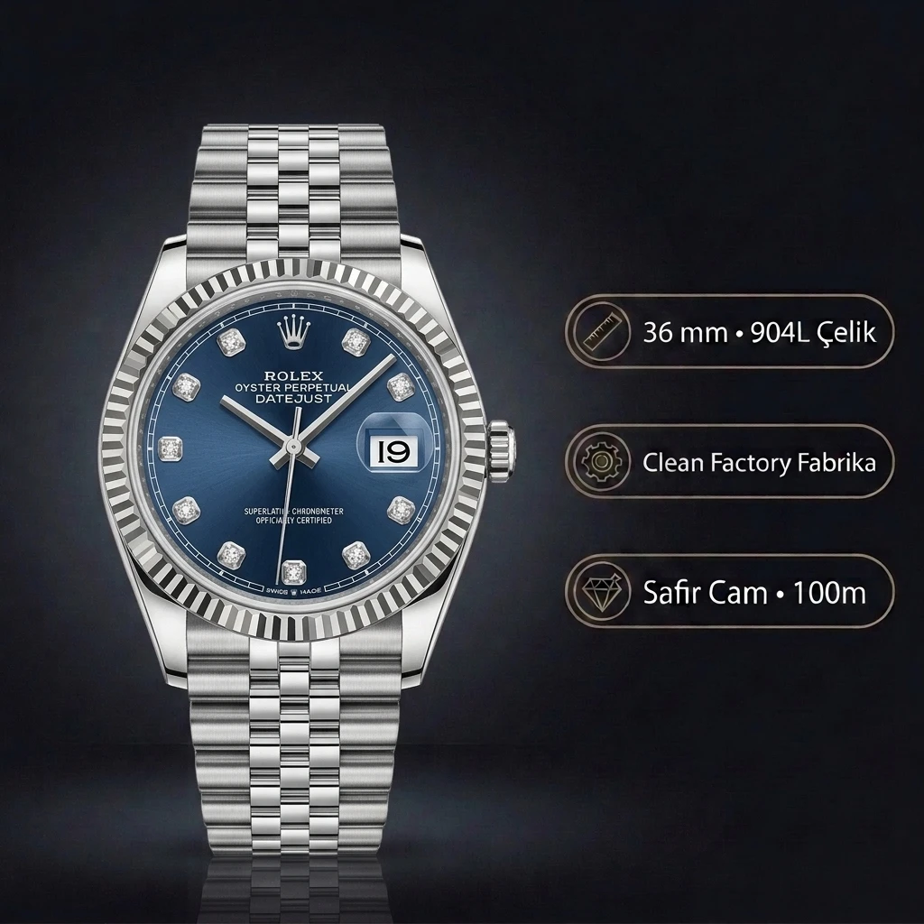 Rolex Datejust 36 mm 126200 Fluted Motif Mavi Kadranlı Oyster Bilezik Smooth / Domed (Düz) Bezel 3235 Super Clone ETA Saat