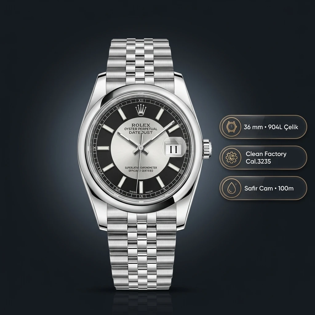 Rolex Datejust 36 mm 126200 Gümüş Kadranlı Jubilee Bilezik Smooth / Domed (Düz) Bezel 3235 Super Clone ETA Saat