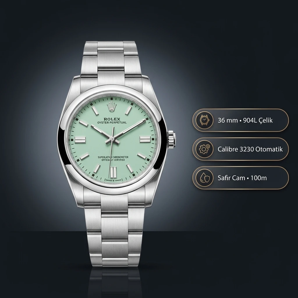 Rolex Datejust 36 mm 126200 Mint Yeşil Kadranlı Oyster Bilezik Smooth / Domed (Düz) Bezel 3235 Super Clone ETA Saat