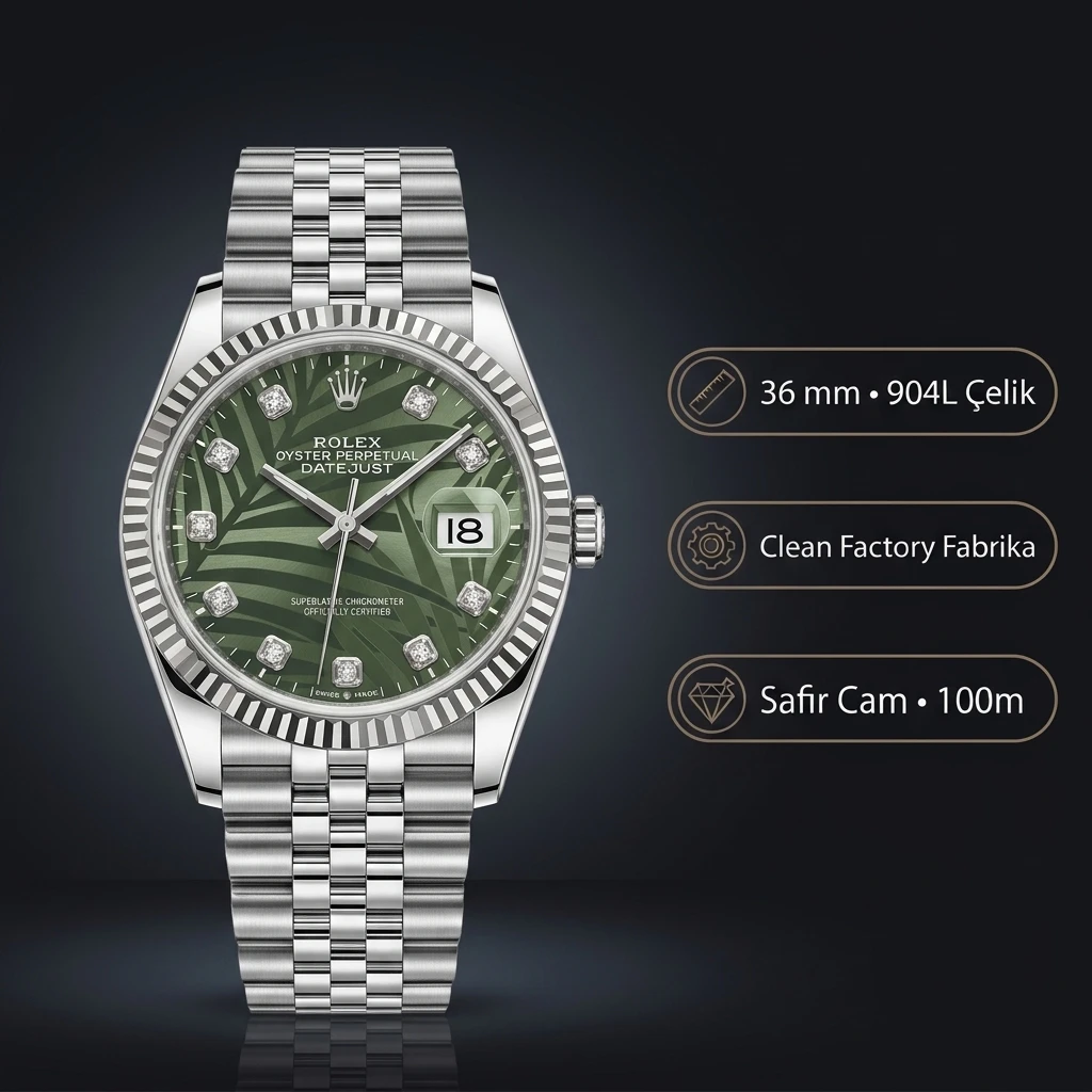 Rolex Datejust 36 mm 126200 Palm Motif Baget İndeksli Yeşil Kadranlı Jubilee Bilezik Smooth / Domed (Düz) Bezel 3235 Super Clone ETA Saat
