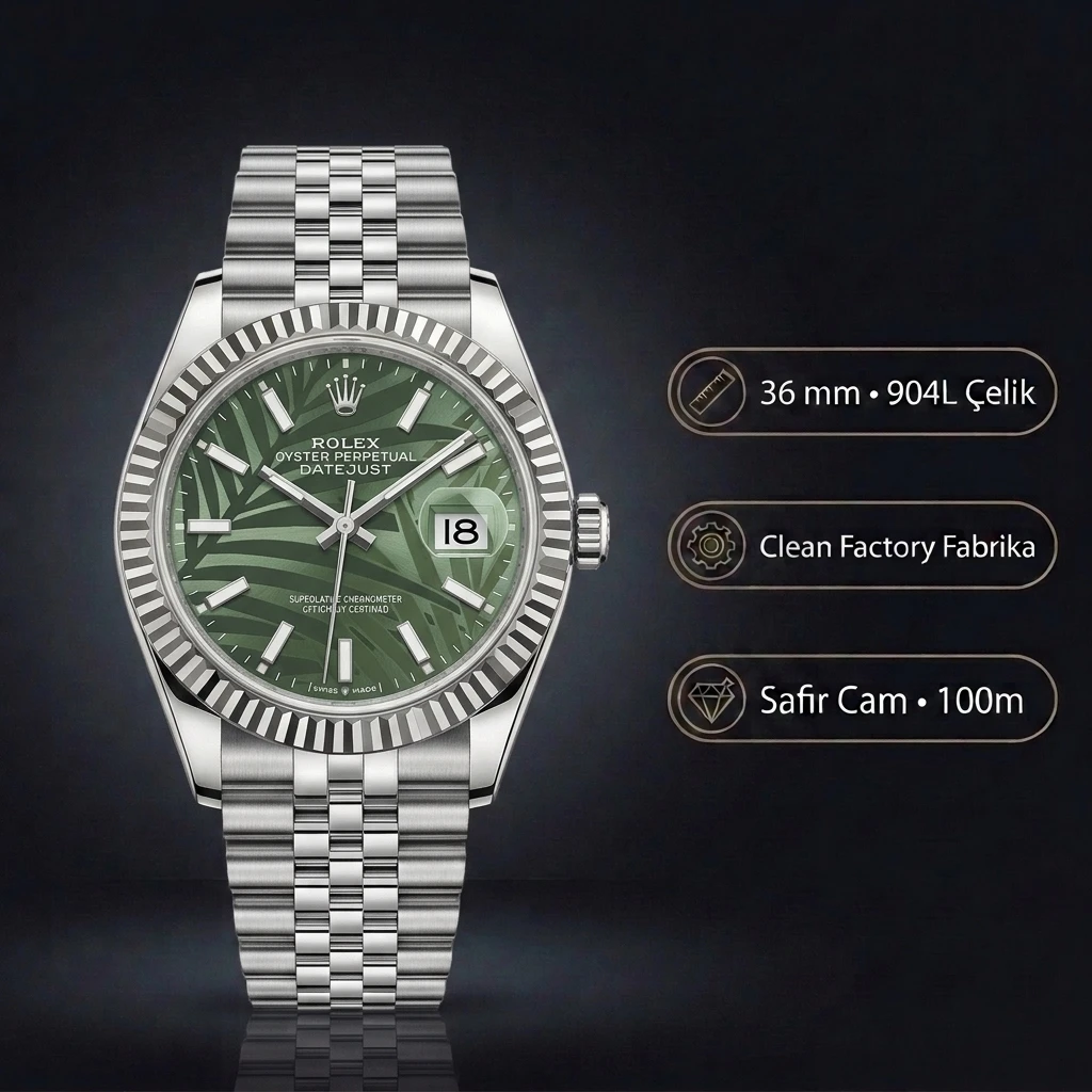 Rolex Datejust 36 mm 126200 Palm Motif Yeşil Kadranlı Jubilee Bilezik Smooth / Domed (Düz) Bezel 3235 Super Clone ETA Saat