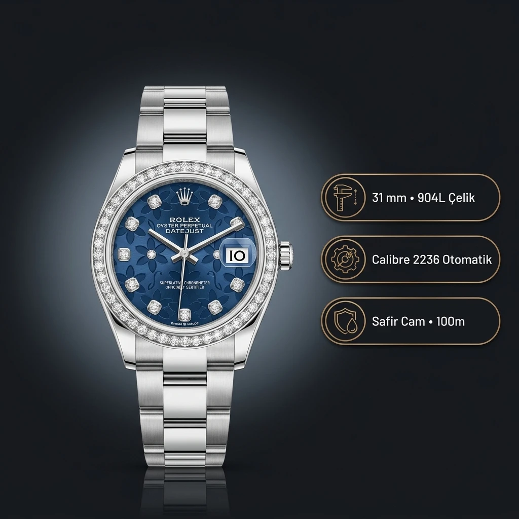 Rolex Datejust 36 mm 126200 Pave Mavi Kadranlı Oyster Bilezik Smooth / Domed (Düz) Bezel 3235 Super Clone ETA Saat