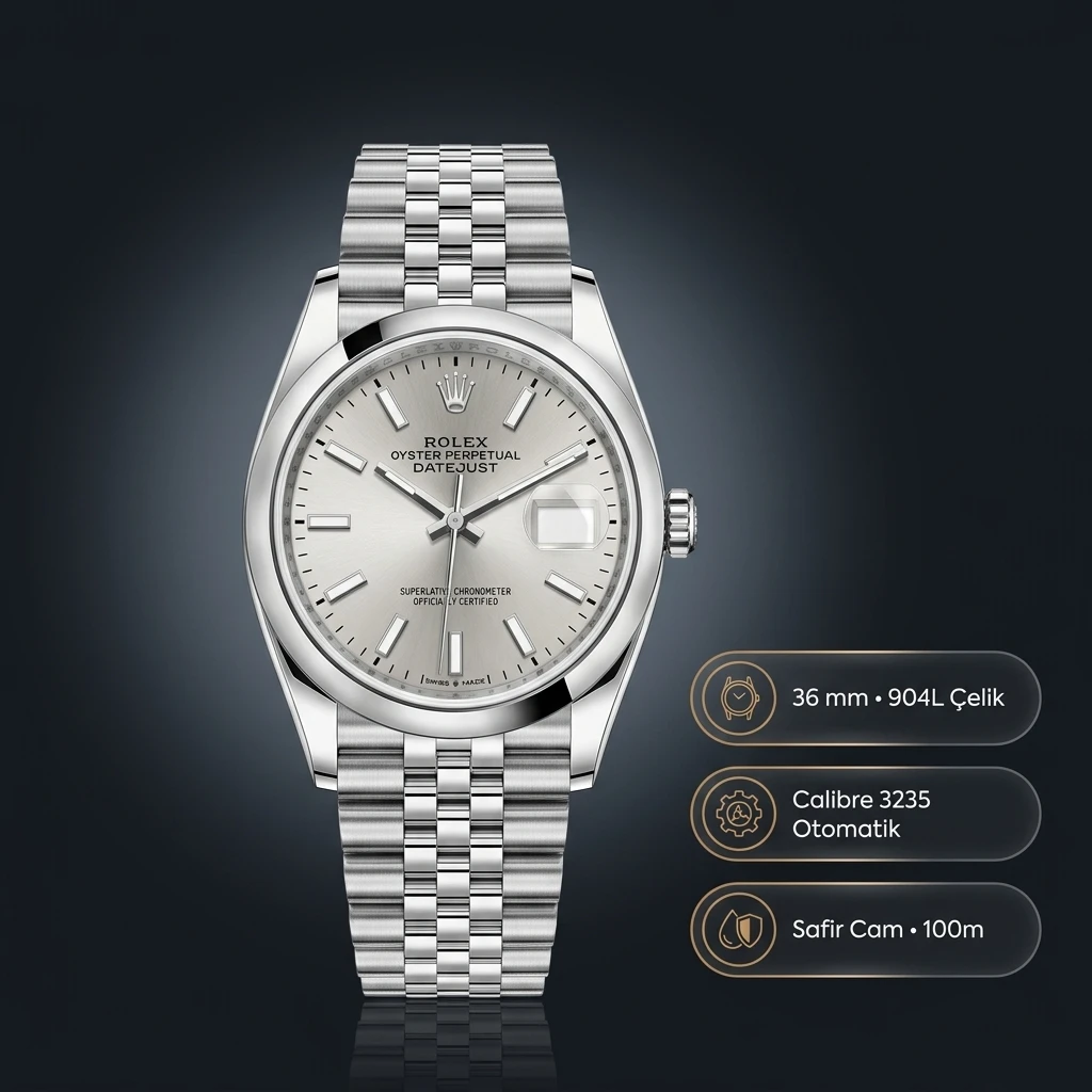 Rolex Datejust 36 mm 126200 Rhodium Kadranlı Jubilee Bilezik Smooth / Domed (Düz) Bezel 3235 Super Clone ETA Saat