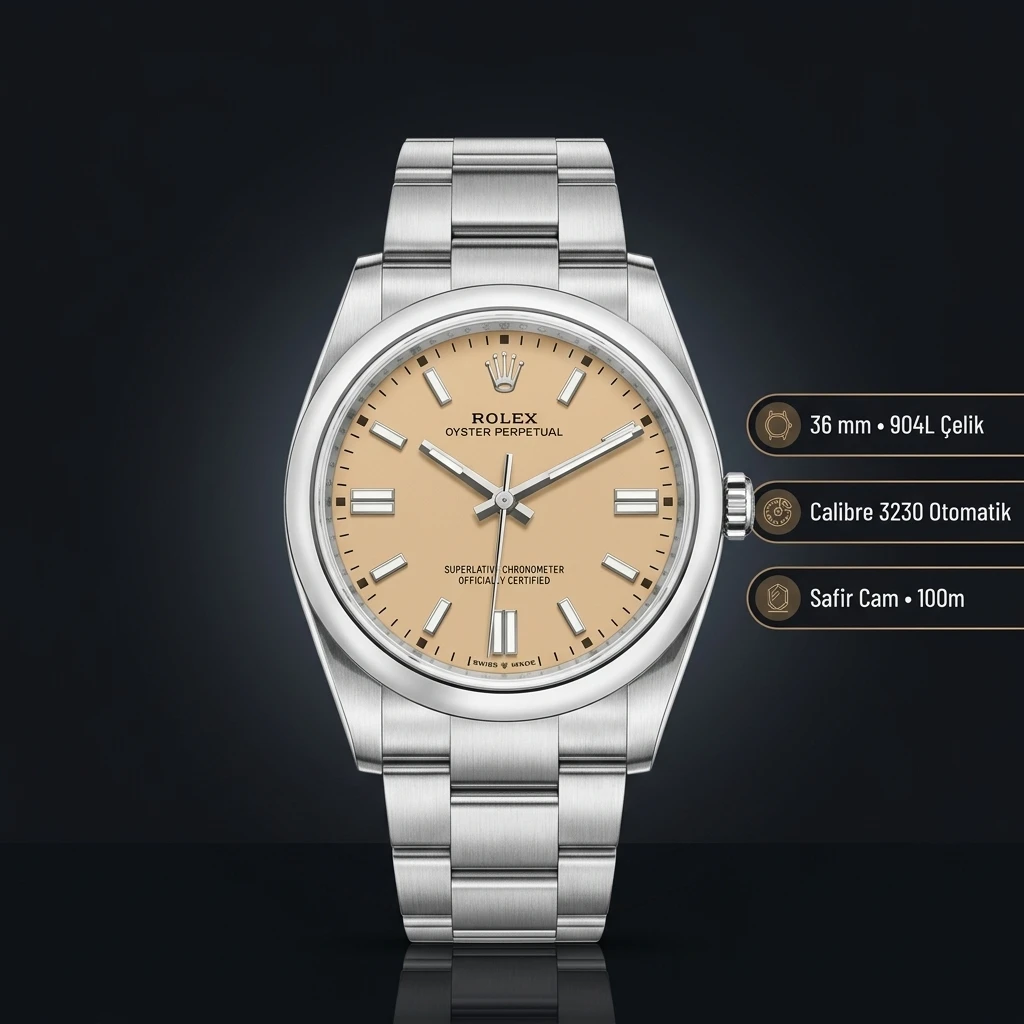 Rolex Datejust 36 mm 126200 Şampanya Kadranlı Oyster Bilezik Smooth / Domed (Düz) Bezel 3235 Super Clone ETA Saat