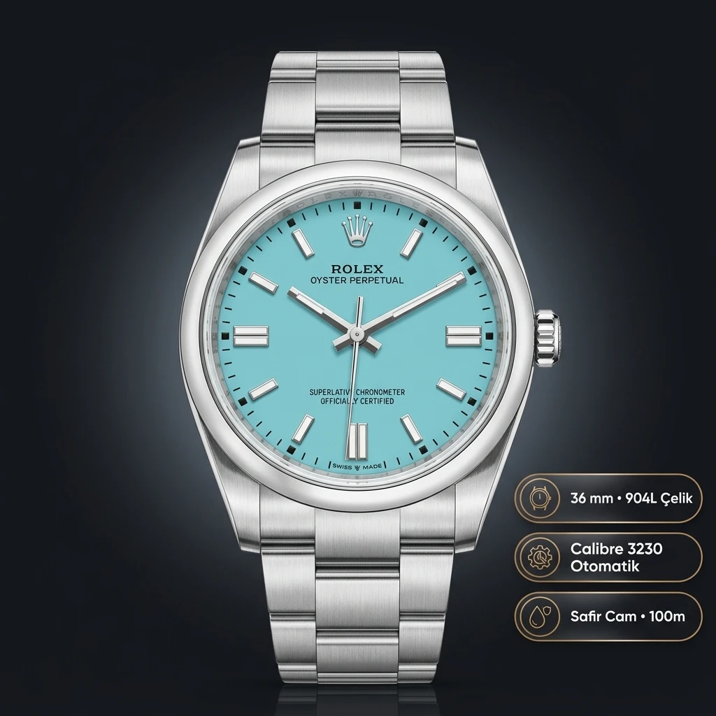 Rolex Datejust 36 mm 126200 Turkuaz Kadranlı Oyster Bilezik Smooth / Domed (Düz) Bezel 3235 Super Clone ETA Saat