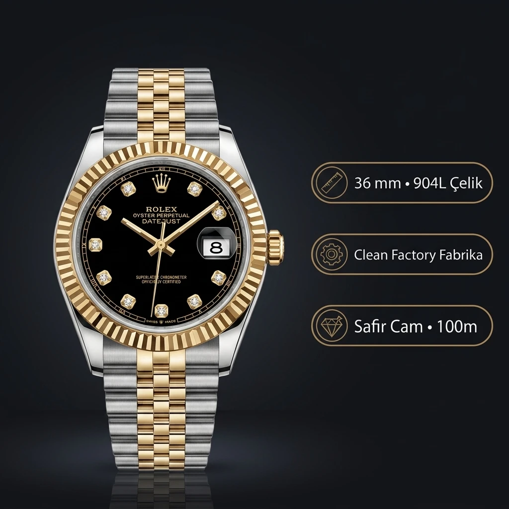 Rolex Datejust 36 mm 126233 Siyah Kadranlı Jubilee Bilezik Fluted (Yivli) Bezel 3235 Super Clone ETA Saat
