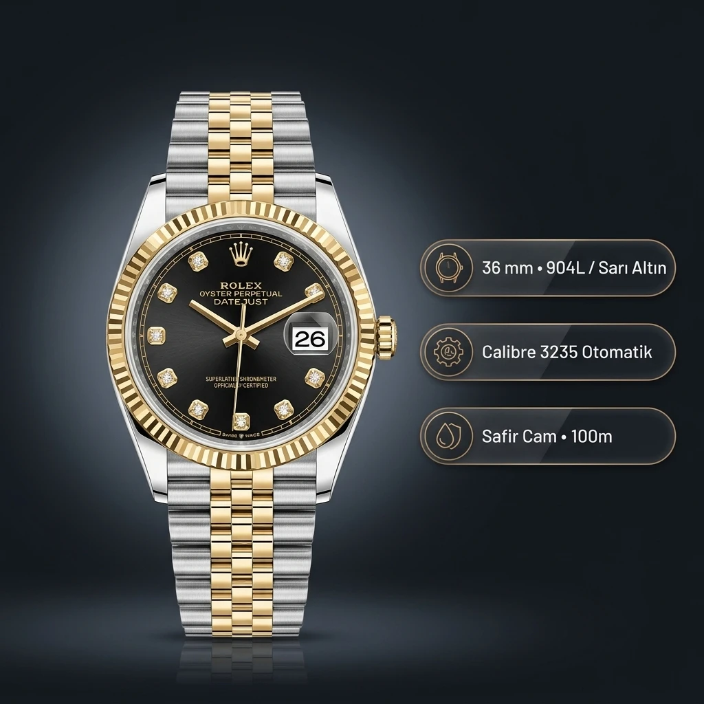 Rolex Datejust 36 mm 126233 Siyah Kadranlı Oyster Bilezik Fluted (Yivli) Bezel 3235 Super Clone ETA Saat