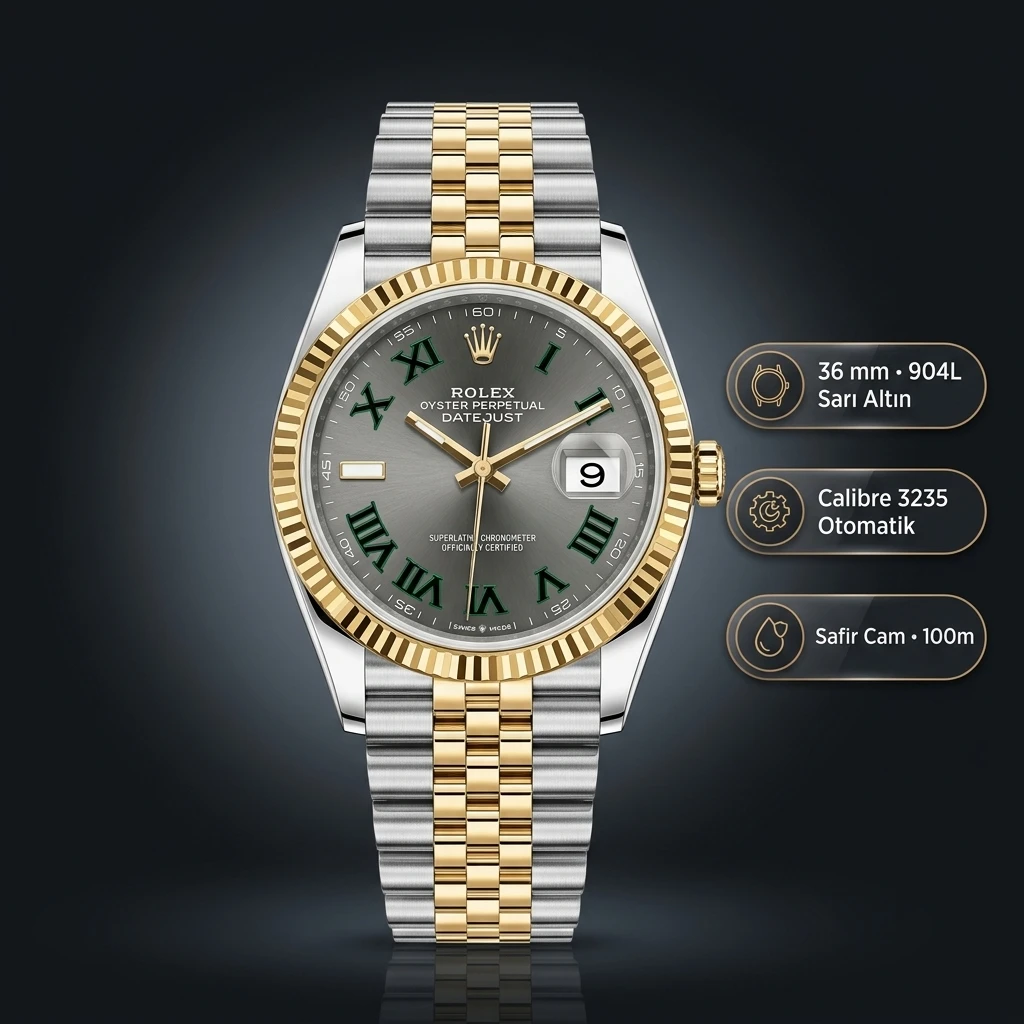 Rolex Datejust 36 mm 126233 Wimbledon Rhodium Kadranlı Jubilee Bilezik Fluted (Yivli) Bezel 3235 Super Clone ETA Saat