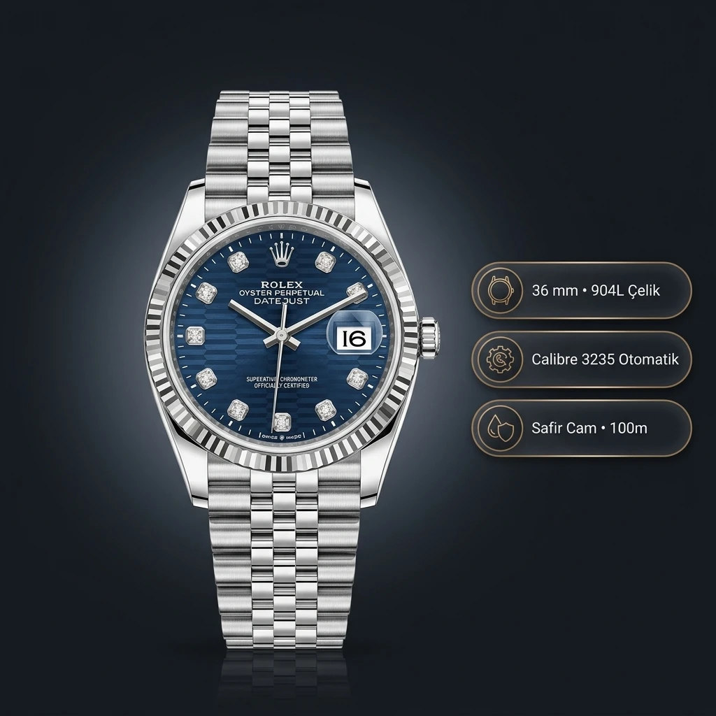 Rolex Datejust 36 mm 126234 Diamond İndeksli Lacivert Kadranlı Jubilee Bilezik Fluted (Yivli) Bezel 3235 Super Clone ETA Saat