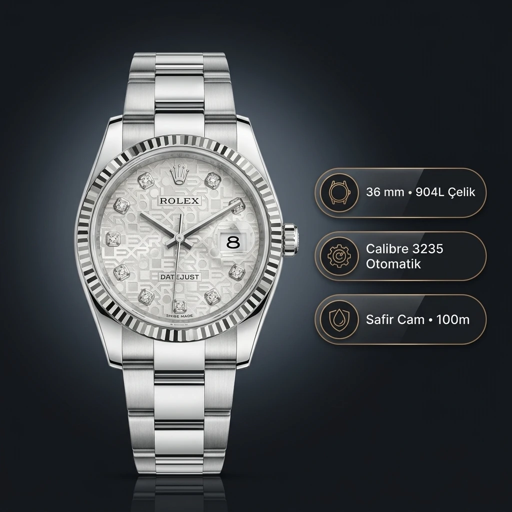 Rolex Datejust 36 mm 126234 Fluted Motif Gümüş Kadranlı Oyster Bilezik Fluted (Yivli) Bezel 3235 Super Clone ETA Saat