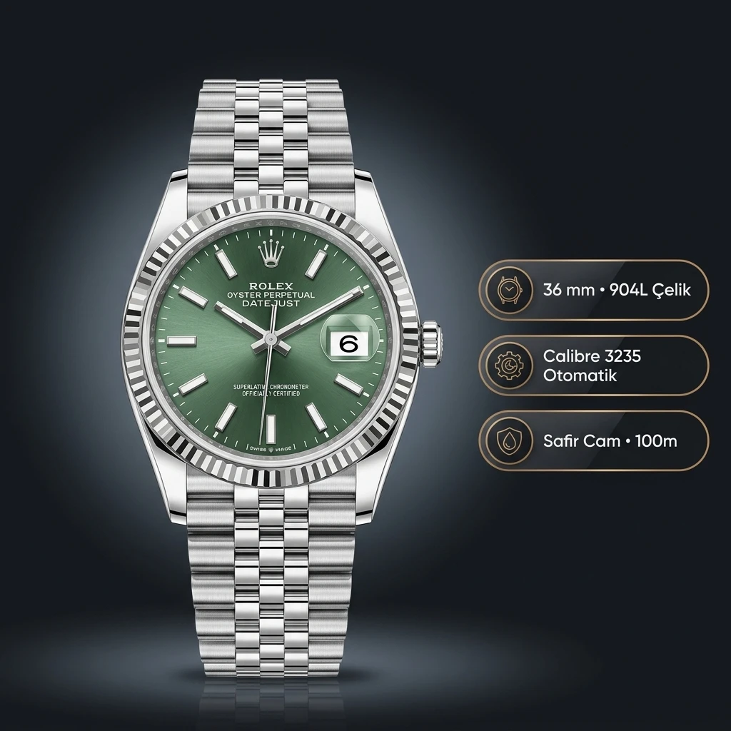 Rolex Datejust 36 mm 126234 Mint Yeşil Kadranlı Jubilee Bilezik Fluted (Yivli) Bezel 3235 Super Clone ETA Saat