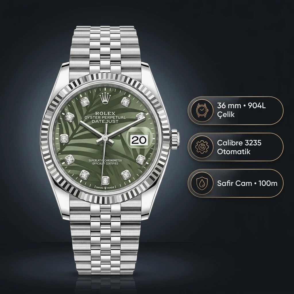Rolex Datejust 36 mm 126234 Palm Motif Mint Yeşil Kadranlı Jubilee Bilezik Fluted (Yivli) Bezel 3235 Super Clone ETA Saat