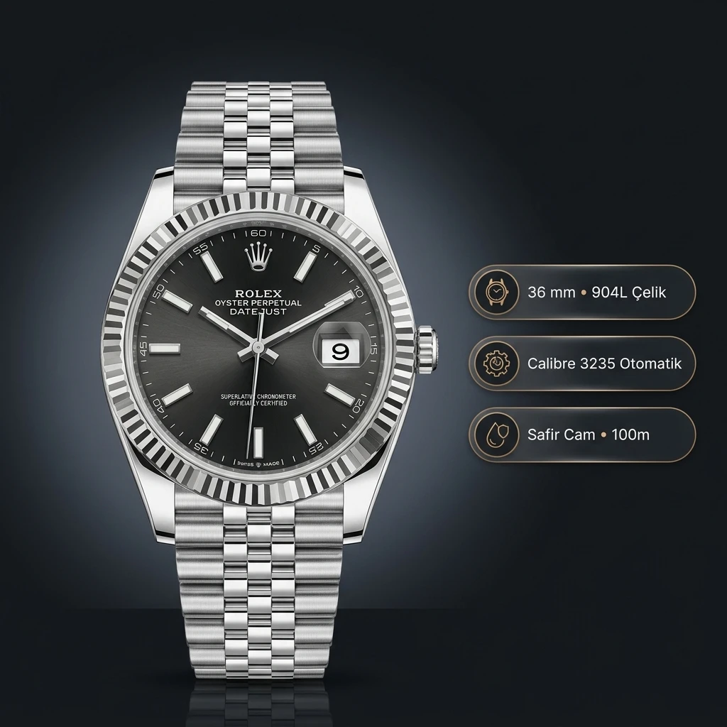 Rolex Datejust 36 mm 126234 Rhodium Kadranlı Jubilee Bilezik Fluted (Yivli) Bezel 3235 Super Clone ETA Saat