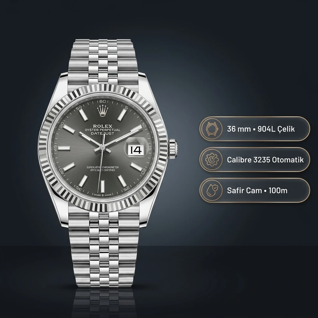 Rolex Datejust 36 mm 126234 Rhodium Kadranlı Oyster Bilezik Fluted (Yivli) Bezel 3235 Super Clone ETA Saat
