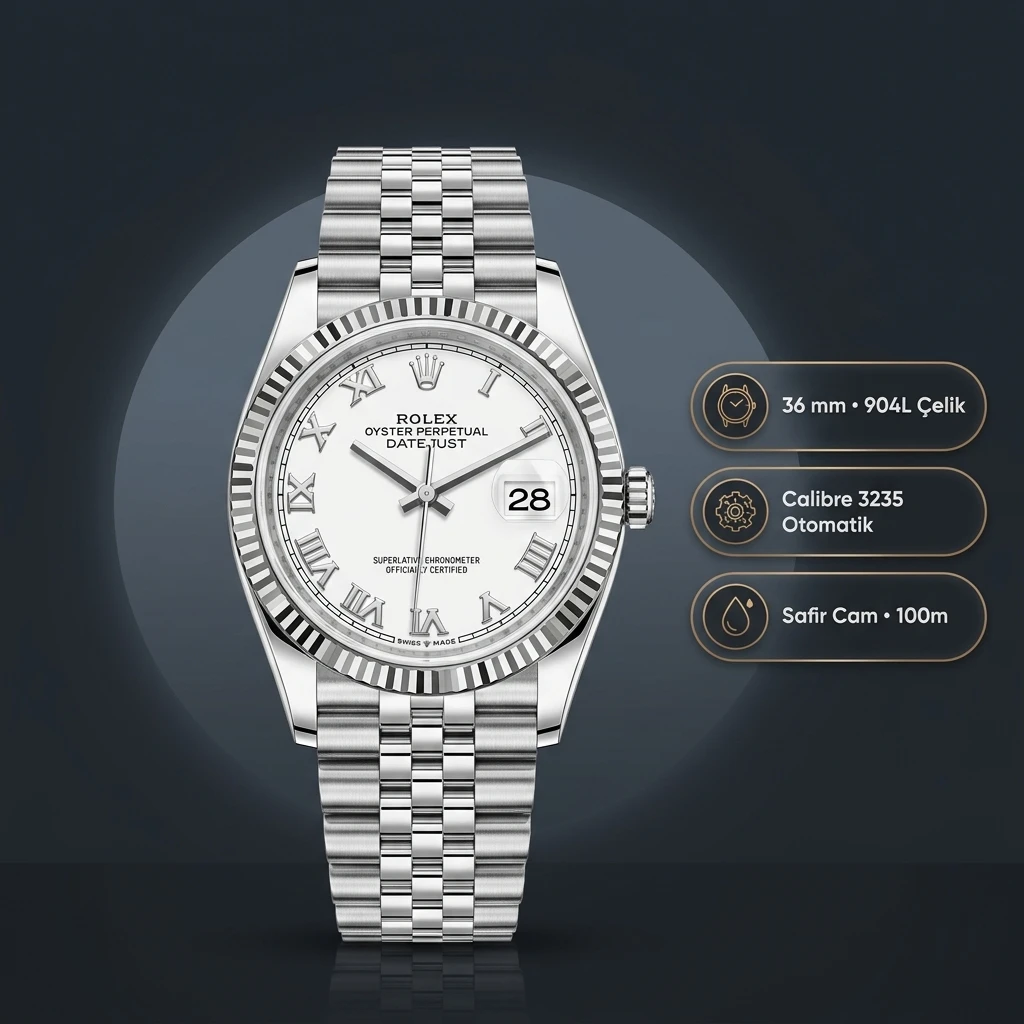Rolex Datejust 36 mm 126234 Roma Rakamlı Beyaz Kadranlı Jubilee Bilezik Fluted (Yivli) Bezel 3235 Super Clone ETA Saat