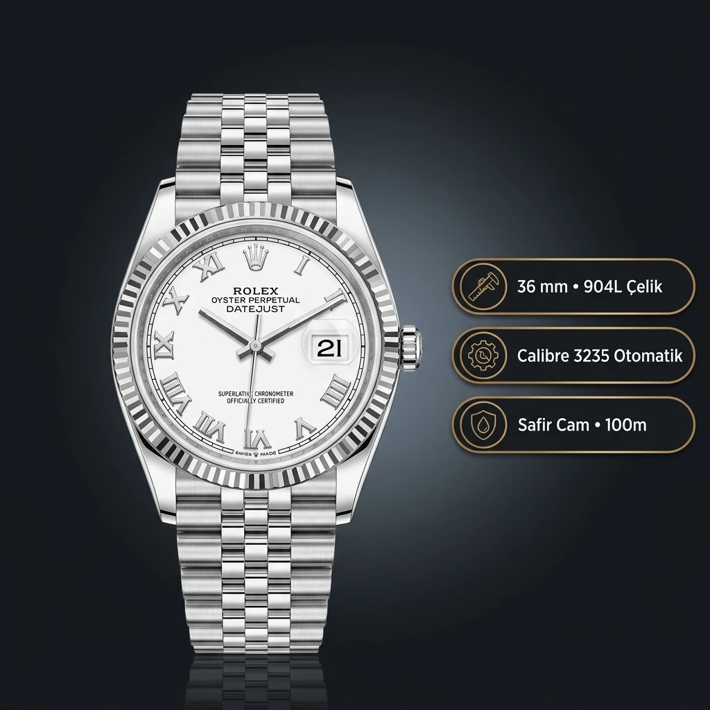 Rolex Datejust 36 mm 126234 Roma Rakamlı Beyaz Kadranlı Oyster Bilezik Fluted (Yivli) Bezel 3235 Super Clone ETA Saat