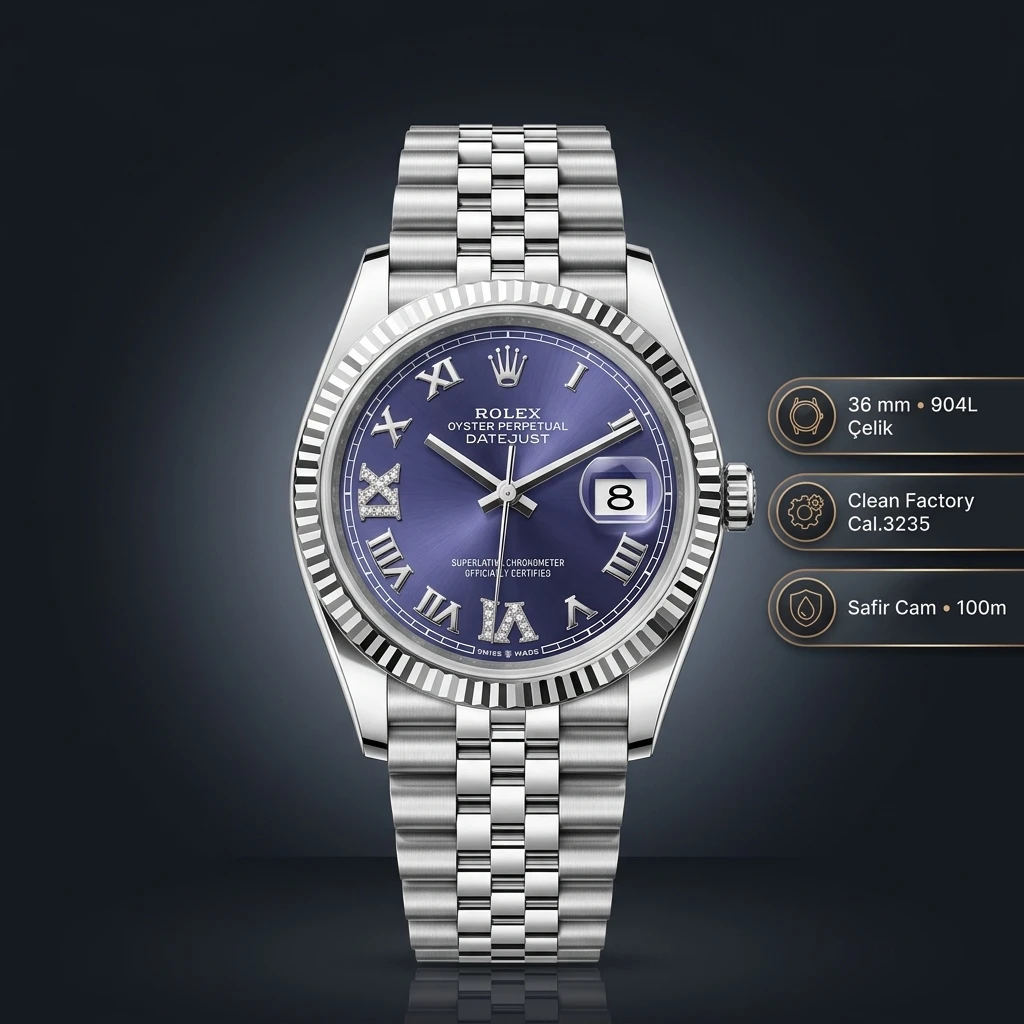 Rolex Datejust 36 mm 126234 Roma Rakamlı Mavi Kadranlı Jubilee Bilezik Fluted (Yivli) Bezel 3235 Super Clone ETA Saat