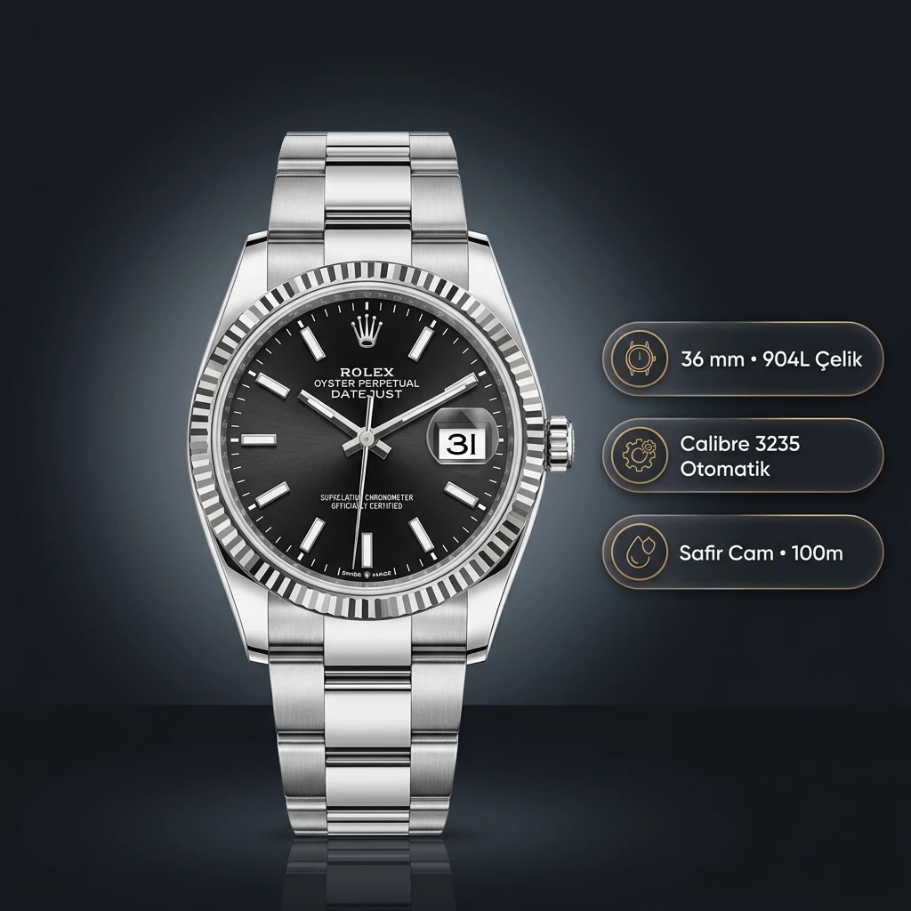 Rolex Datejust 36 mm 126234 Siyah Kadranlı Oyster Bilezik Fluted (Yivli) Bezel 3235 Super Clone ETA Saat
