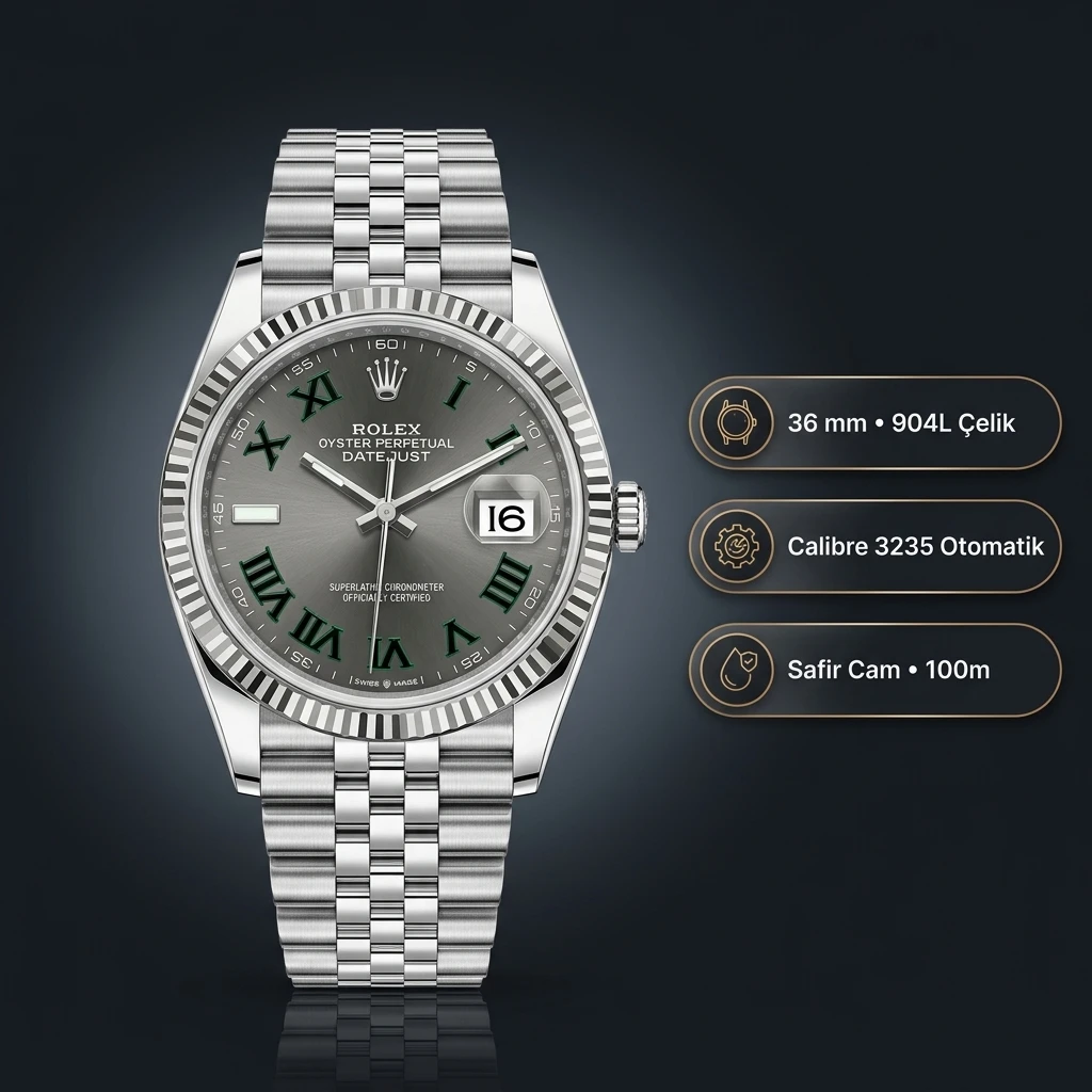 Rolex Datejust 36 mm 126234 Wimbledon Rhodium Kadranlı Jubilee Bilezik Fluted (Yivli) Bezel 3235 Super Clone ETA Saat