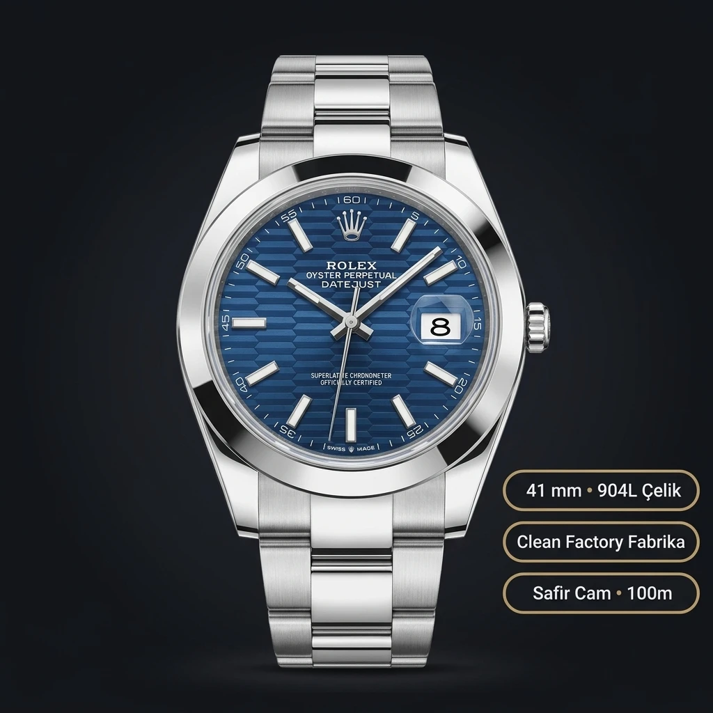 Rolex Datejust 41 mm 126300 Fluted Motif Mavi Kadranlı Oyster Bilezik Smooth (Düz) Bezel 3235 Super Clone ETA Saat