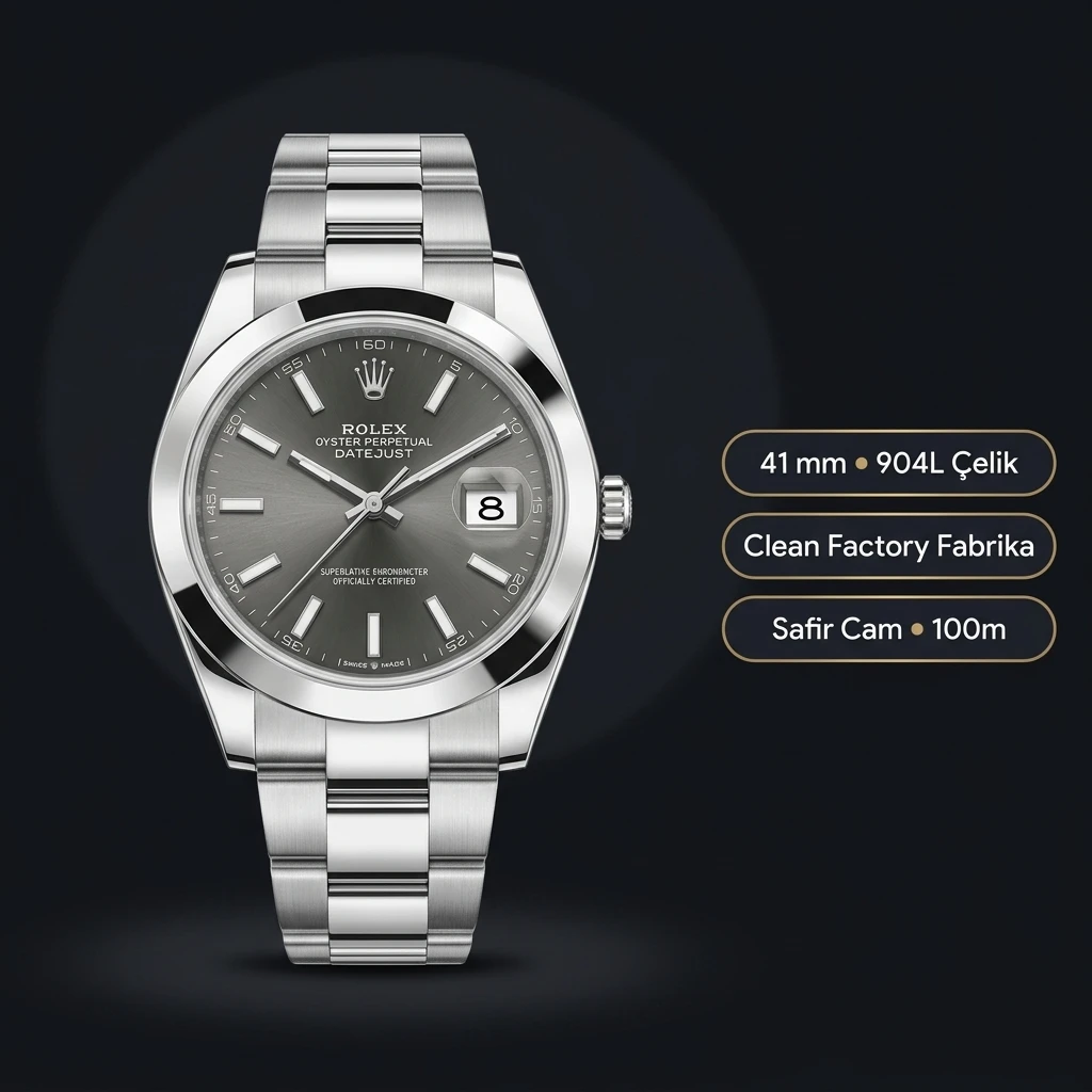 Rolex Datejust 41 mm 126300 Rhodium Kadranlı Oyster Bilezik Smooth (Düz) Bezel 3235 Super Clone ETA Saat