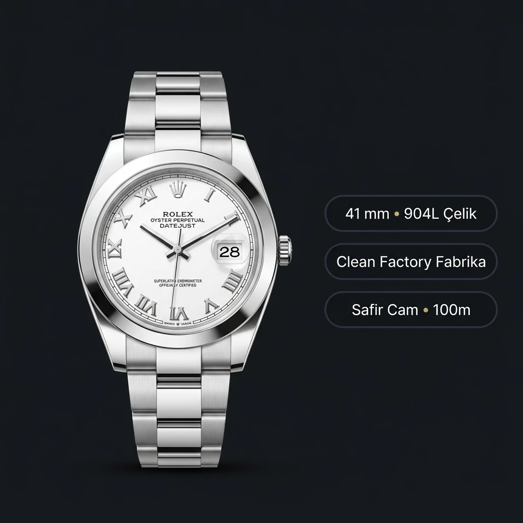 Rolex Datejust 41 mm 126300 Roma Rakamlı Beyaz Kadranlı Oyster Bilezik Smooth (Düz) Bezel 3235 Super Clone ETA Saat
