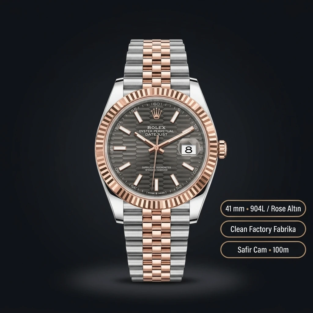 Rolex Datejust 41 mm 126331 Fluted Motif Rhodium Kadranlı Jubilee Bilezik Fluted (Yivli) Bezel 3235 Super Clone ETA Saat