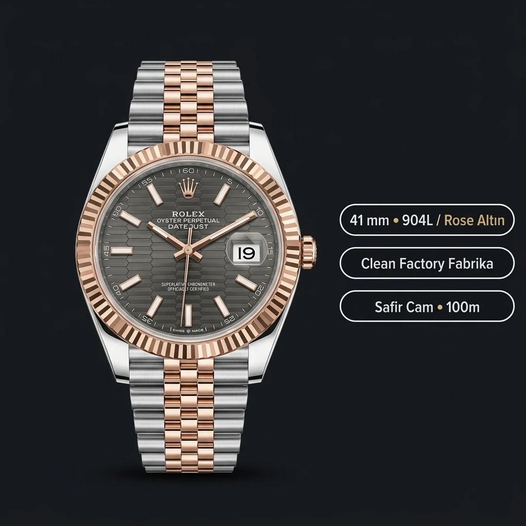 Rolex Datejust 41 mm 126331 Yeşil Kadranlı Jubilee Everose Two-Tone 3235 Super Clone ETA Saat