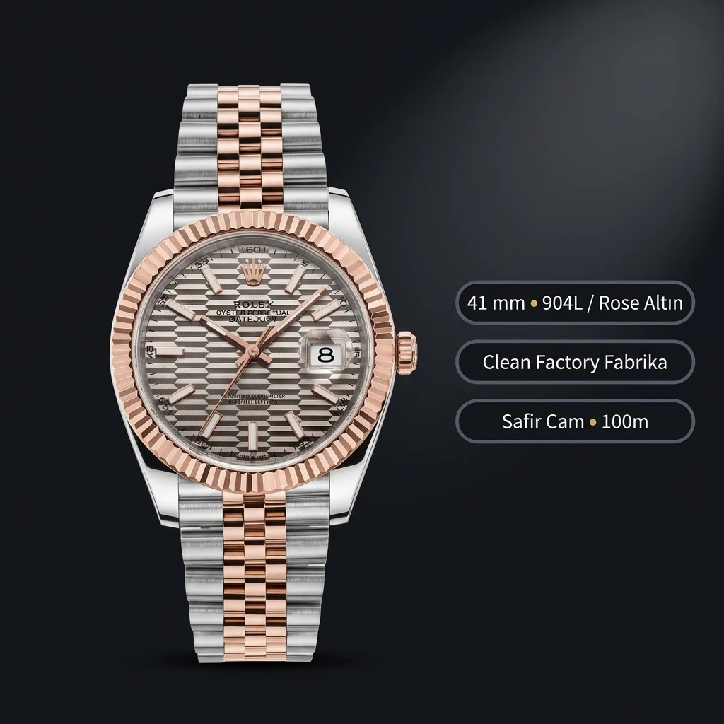 Rolex Datejust 41 mm 126331 Fluted Motif Rhodium Kadranlı Oyster Bilezik Fluted (Yivli) Bezel 3235 Super Clone ETA Saat