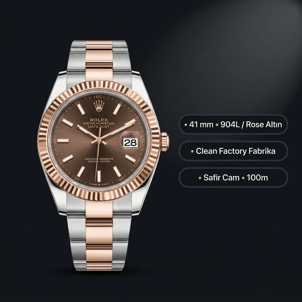 Rolex Datejust 41 mm 126331 Kahve Kadranlı Oyster Bilezik Fluted (Yivli) Bezel 3235 Super Clone ETA Saat