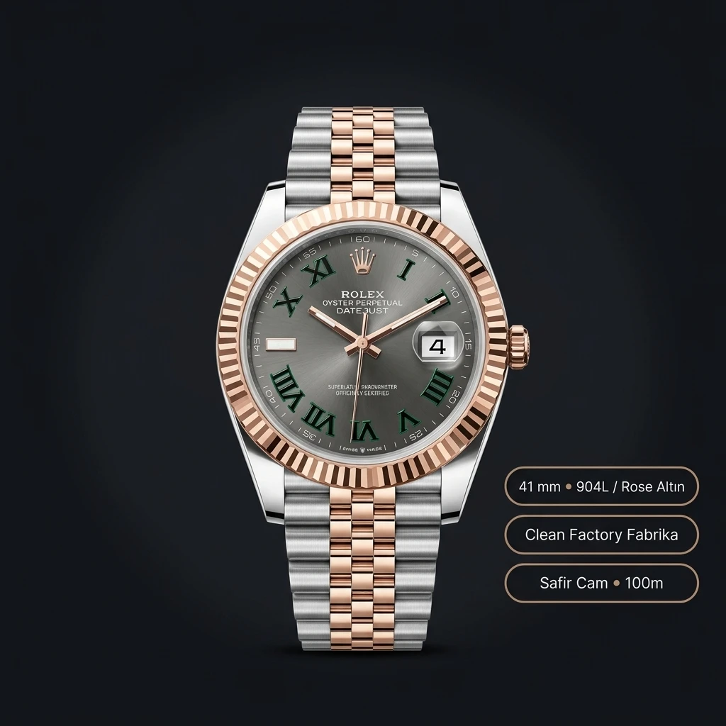 Rolex Datejust 41 mm 126331 Wimbledon Rhodium Kadranlı Jubilee Bilezik Fluted (Yivli) Bezel 3235 Super Clone ETA Saat