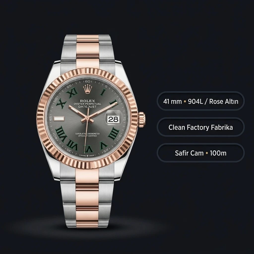 Rolex Datejust 41 mm 126331 Wimbledon Rhodium Kadranlı Oyster Bilezik Fluted (Yivli) Bezel 3235 Super Clone ETA Saat