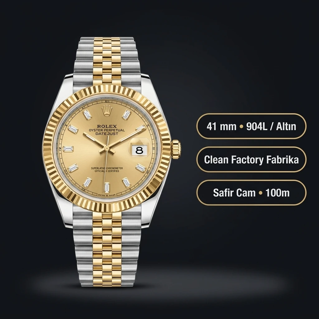 Rolex Datejust 41 mm 126333 Baget İndeksli Şampanya Kadranlı Jubilee Bilezik Fluted (Yivli) Bezel 3235 Super Clone ETA Saat