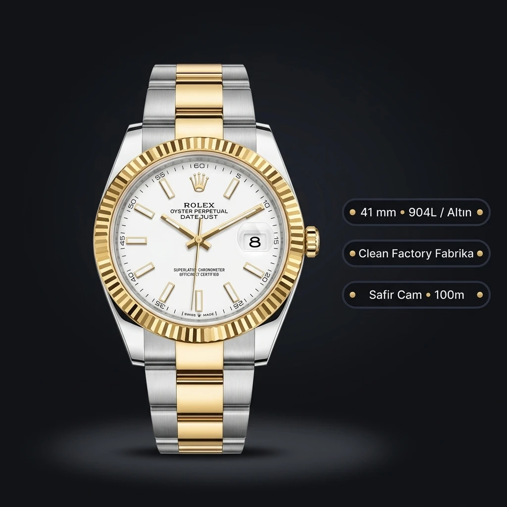 Rolex Datejust 41 mm 126333 Beyaz Kadranlı Oyster Bilezik Fluted (Yivli) Bezel 3235 Super Clone ETA Saat