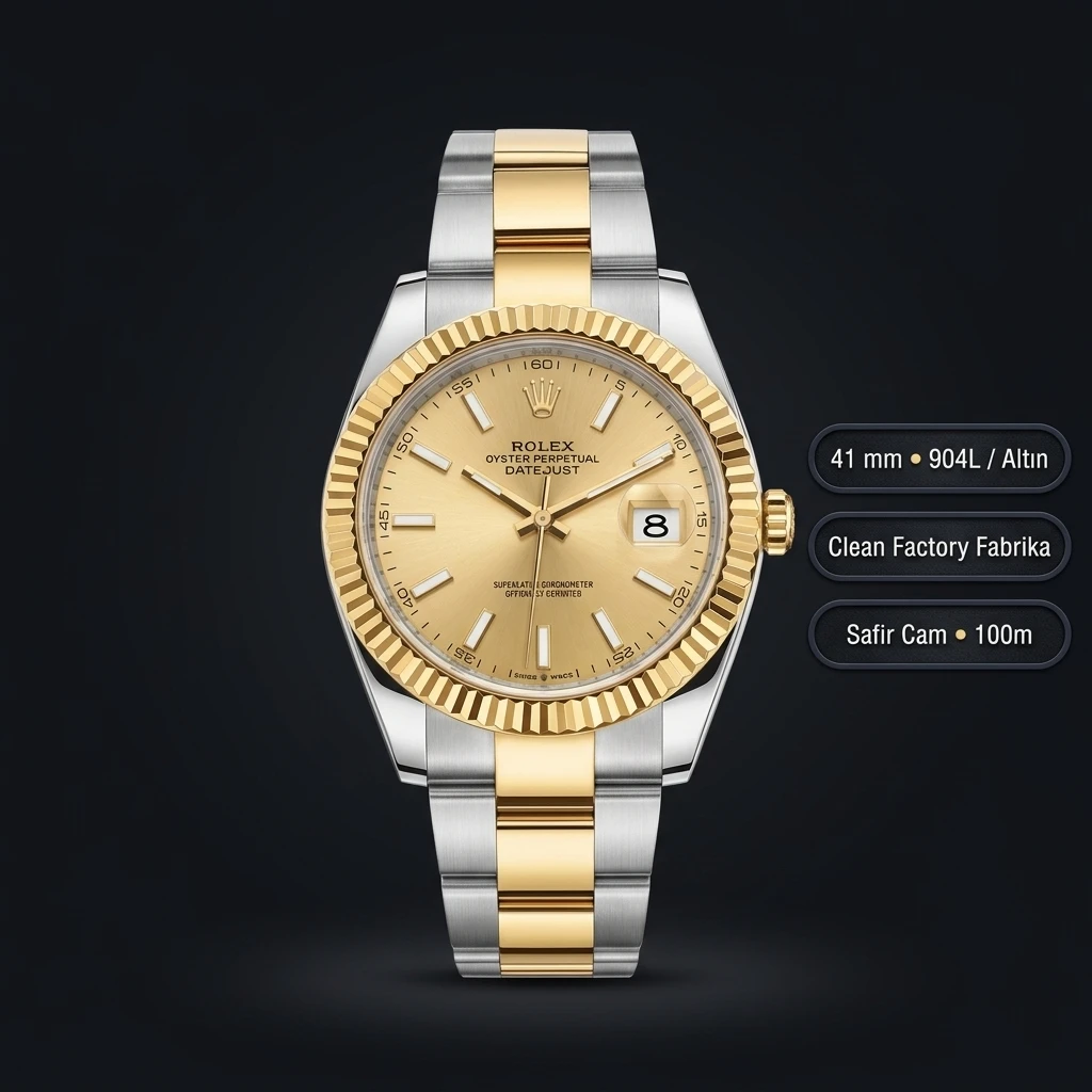Rolex Datejust 41 mm 126333 Fluted Motif Şampanya Kadranlı Jubilee Bilezik Fluted (Yivli) Bezel 3235 Super Clone ETA Saat