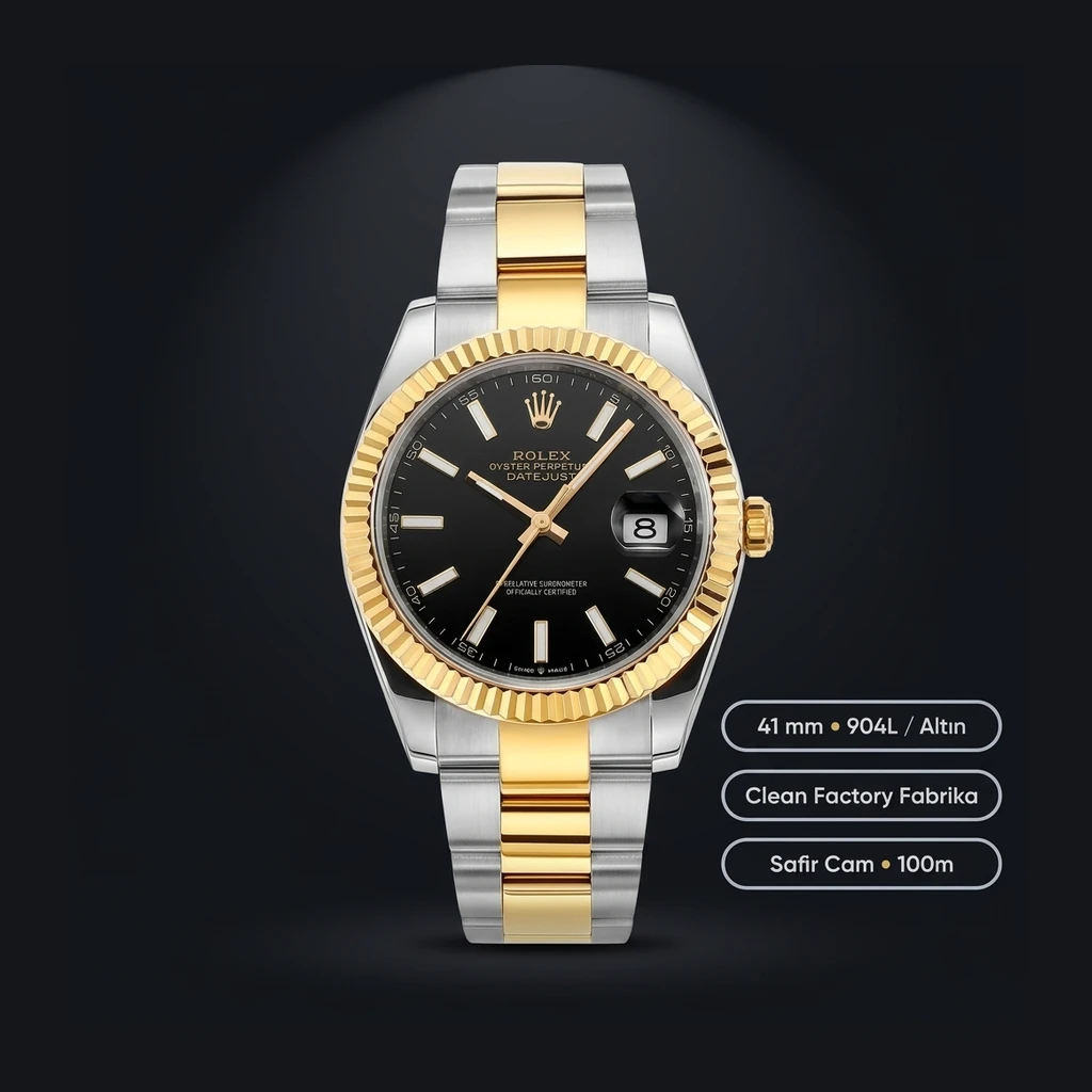 Rolex Datejust 41 mm 126333 Siyah Kadranlı Oyster Bilezik Fluted (Yivli) Bezel 3235 Super Clone ETA Saat