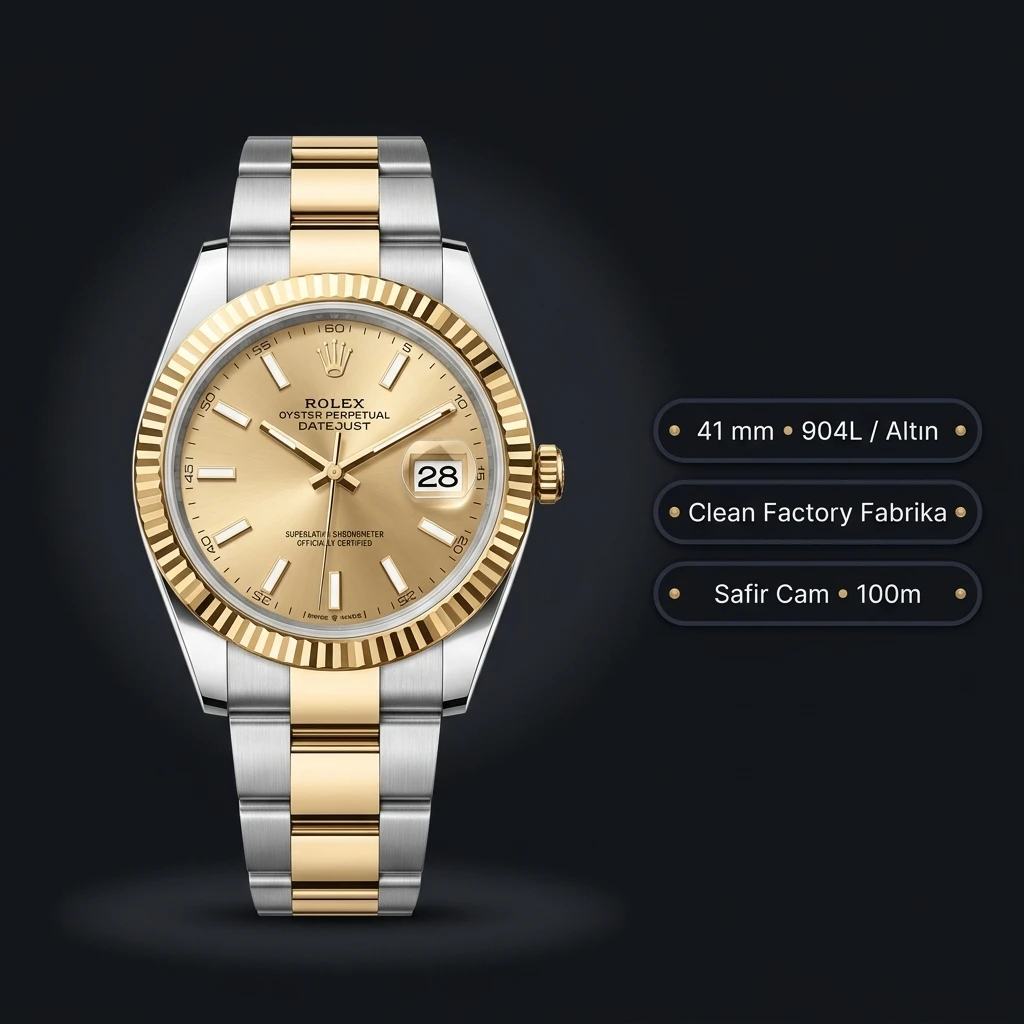 Rolex Datejust 41 mm 126333 Sunburst Şampanya Kadranlı Jubilee Bilezik Fluted (Yivli) Bezel 3235 Super Clone ETA Saat